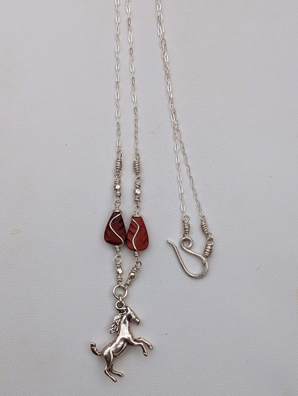 Sterling Silver Horse Pendant-925-Chain Necklace-Carved Red Jasper Gemstone - Picture 4 of 17